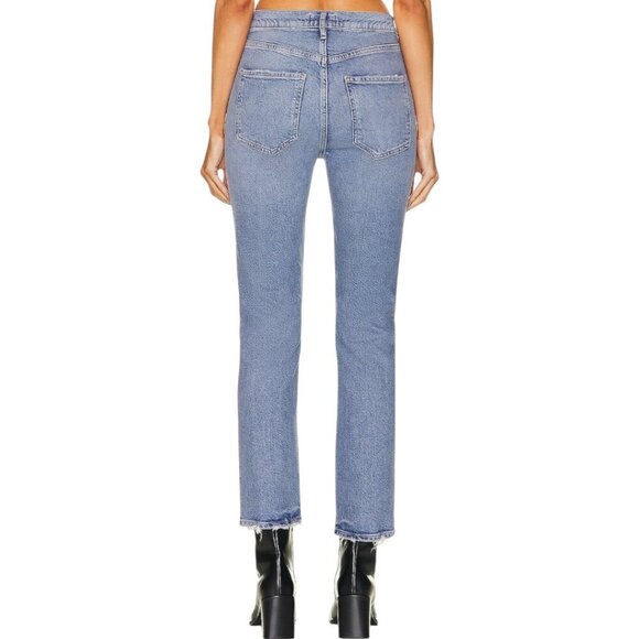Agolde Riley Long Straight Leg Jeans Size 27 In Cove Wash Faded Denim Distressed - Picture 11 of 15